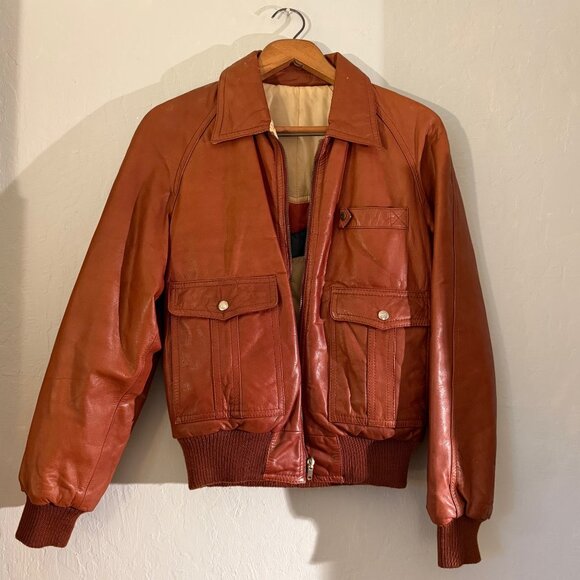 Vintage 1970s Reversible Leather Bomber Jacket in Rust Brown Size Medium - Picture 2 of 7